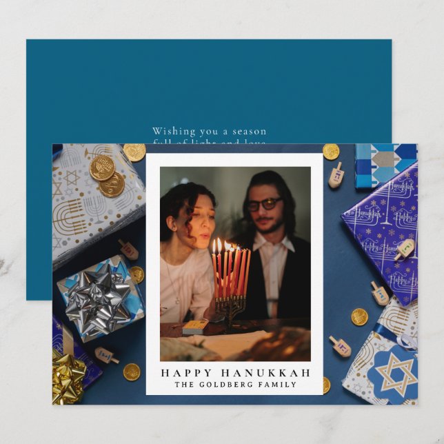 Elegant Blue Happy Hanukkah Family 1 Photo Holiday Card (Front/Back)