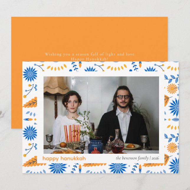 Elegant Blue Happy Hanukkah Family 1 Photo Holiday Card (Front/Back)