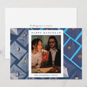Elegant Blue Happy Hanukkah Family 1 Photo Holiday Card