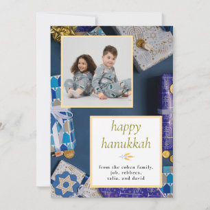 Elegant Blue Happy Hanukkah Family 1 Photo Holiday Card