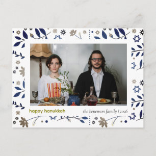 Elegant Blue Happy Hanukkah Family 1 Photo Holiday Postcard