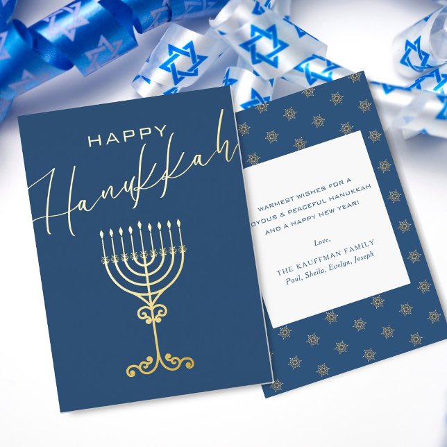 Elegant Blue Happy Hanukkah Menorah Gold Foil Holiday Card (Creator Uploaded)
