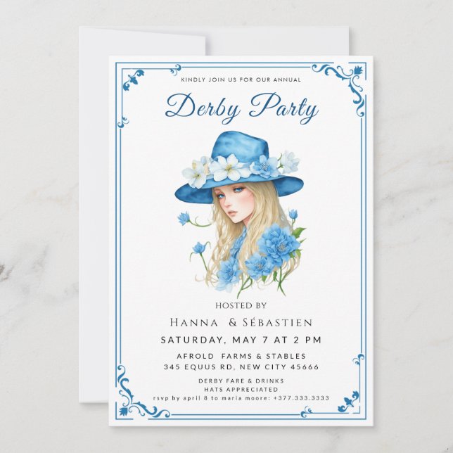 Elegant Blue Hat Garden Party Invitation (Front)