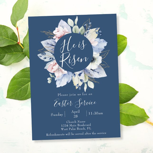 Elegant Blue He is Risen Church Easter Service Invitation (Creator Uploaded)