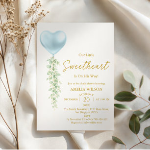 Elegant Blue Heart Balloon Sweetheart Baby Shower Invitation
