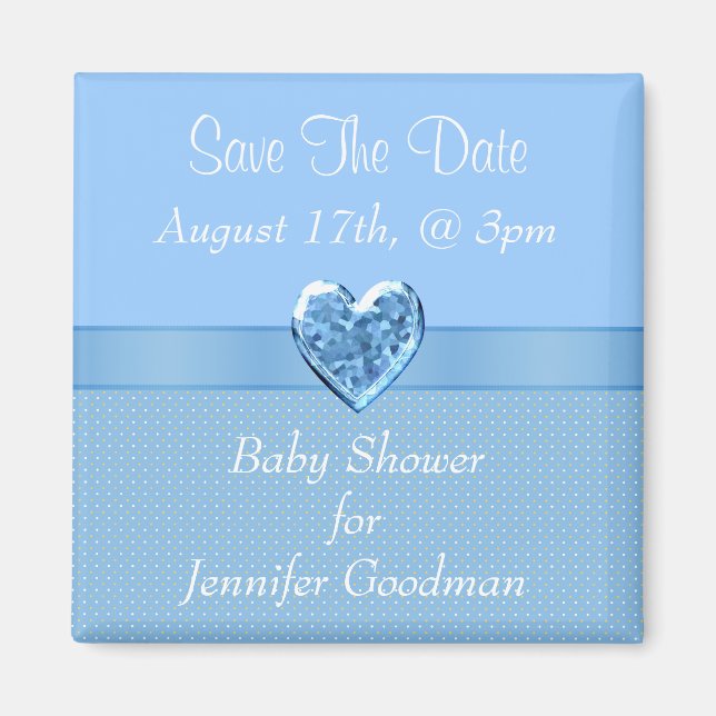 Elegant Blue Heart Jewel Save The Date Baby Shower Magnet (Front)