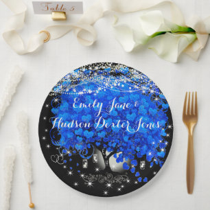 Elegant Blue Heart Leaf Tree Wedding Paper Plate