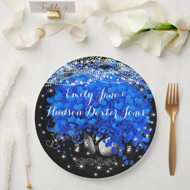 Elegant Blue Heart Leaf Tree Wedding  Paper Plate (Wedding)