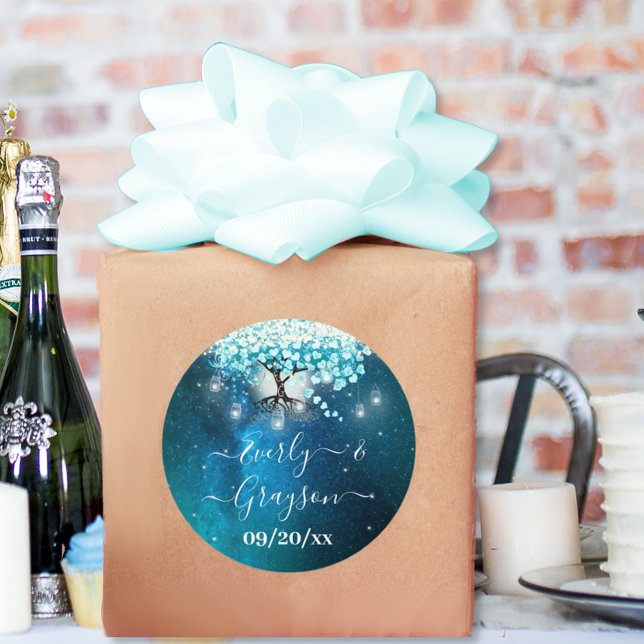 Elegant Blue Heart Leaf Tree Wedding SAVE THE DATE Classic Round Sticker (Creator Uploaded)