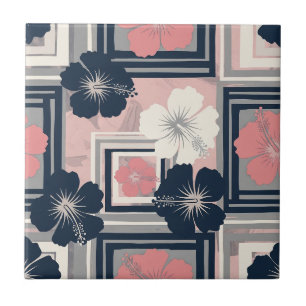 Elegant Blue Hibiscus Floral Pattern (10) Ceramic Tile