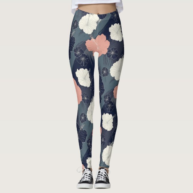 Elegant Blue Hibiscus Floral Pattern (10) Leggings (Front)