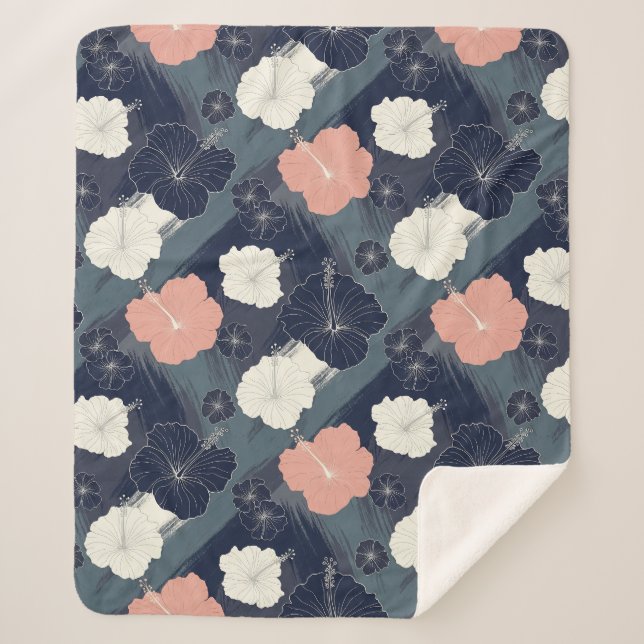 Elegant Blue Hibiscus Floral Pattern (10) Sherpa Blanket (Front)