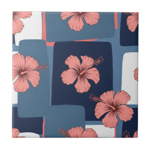 Elegant Blue Hibiscus Floral Pattern (11) Ceramic Tile