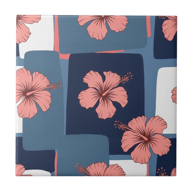 Elegant Blue Hibiscus Floral Pattern (11) Ceramic Tile (Front)