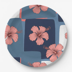 Elegant Blue Hibiscus Floral Pattern (11) Paper Plate