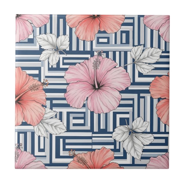 Elegant Blue Hibiscus Floral Pattern (12) Ceramic Tile (Front)