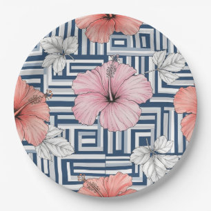 Elegant Blue Hibiscus Floral Pattern (12) Paper Plate