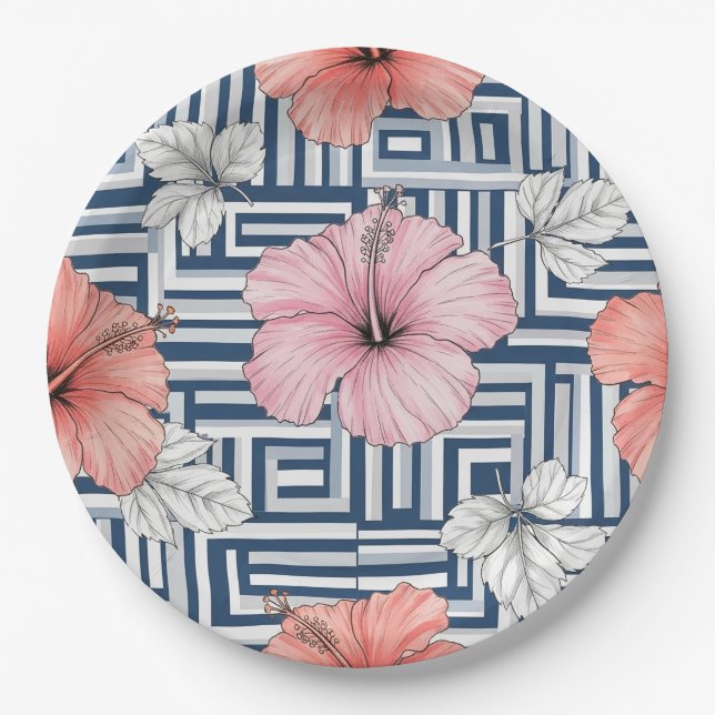 Elegant Blue Hibiscus Floral Pattern (12) Paper Plate (Front)