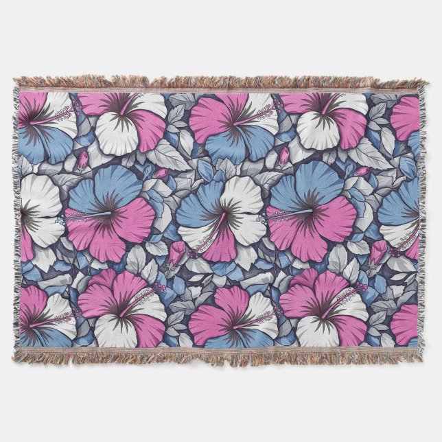 Elegant Blue Hibiscus Floral Pattern (12) Throw Blanket (Front)
