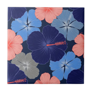 Elegant Blue Hibiscus Floral Pattern (13) Ceramic Tile
