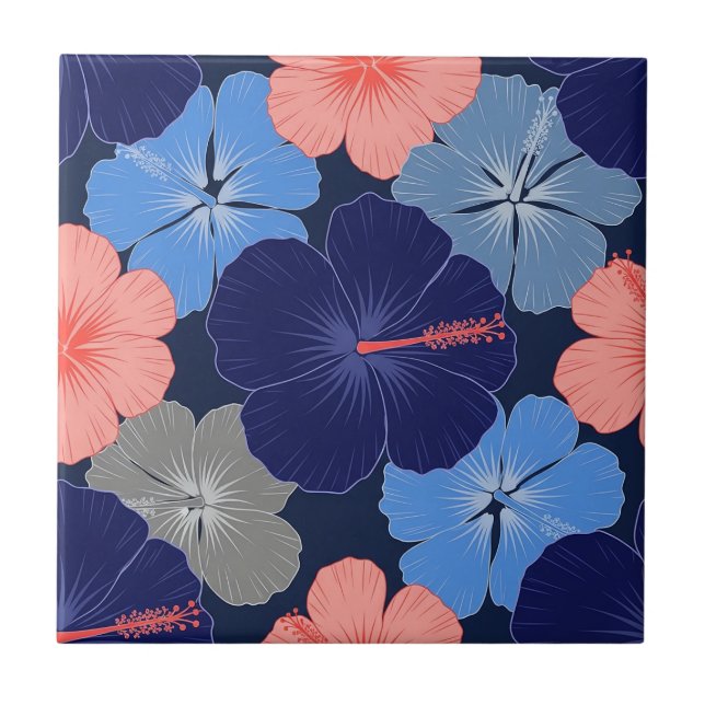 Elegant Blue Hibiscus Floral Pattern (13) Ceramic Tile (Front)