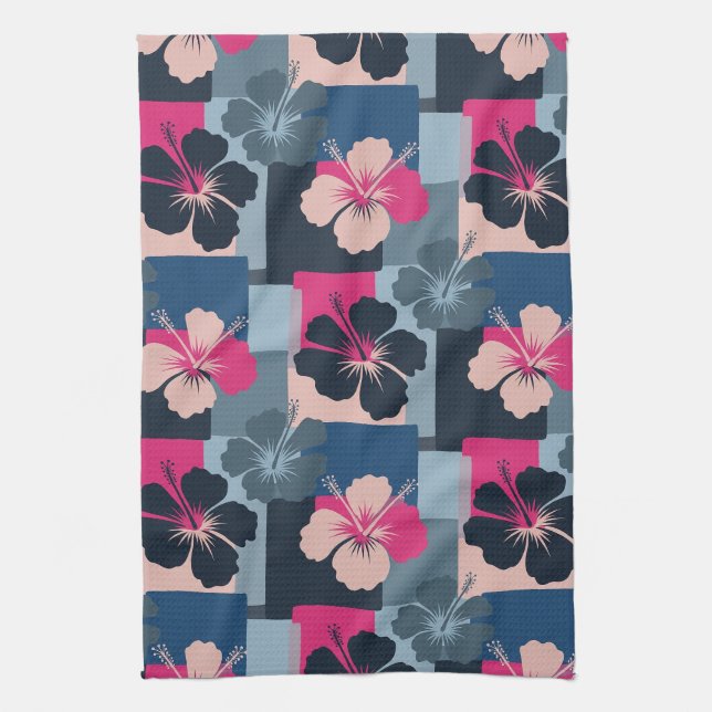 Elegant Blue Hibiscus Floral Pattern (13) Tea Towel (Vertical)