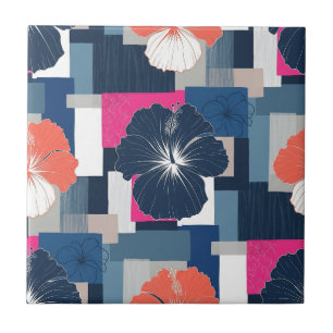 Elegant Blue Hibiscus Floral Pattern (14) Ceramic Tile