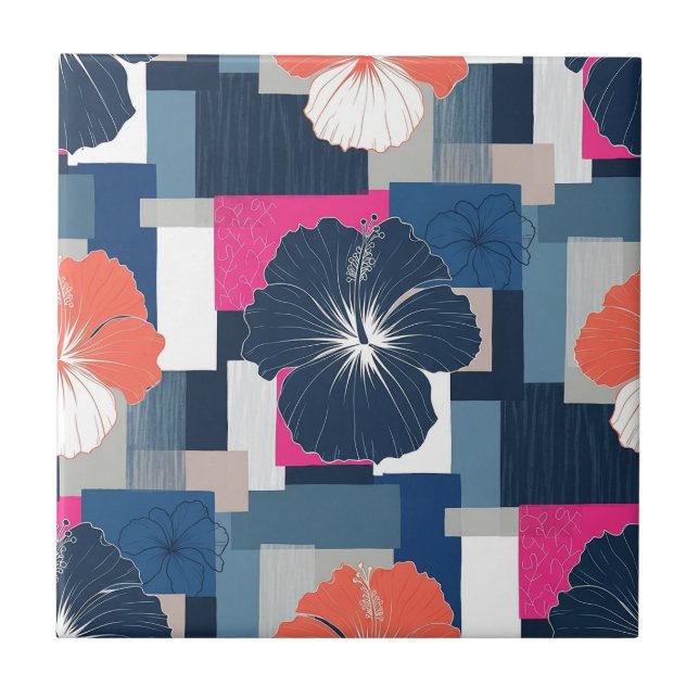 Elegant Blue Hibiscus Floral Pattern (14) Ceramic Tile (Front)