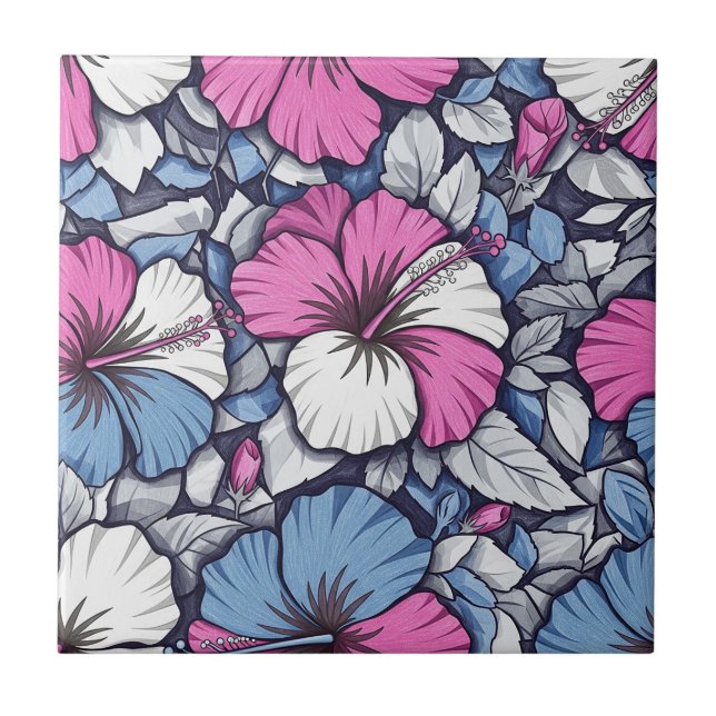 Elegant Blue Hibiscus Floral Pattern (1) Ceramic Tile (Front)