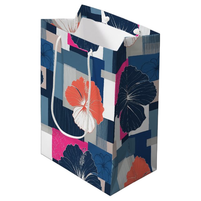 Elegant Blue Hibiscus Floral Pattern (1) Medium Gift Bag (Front Angled)