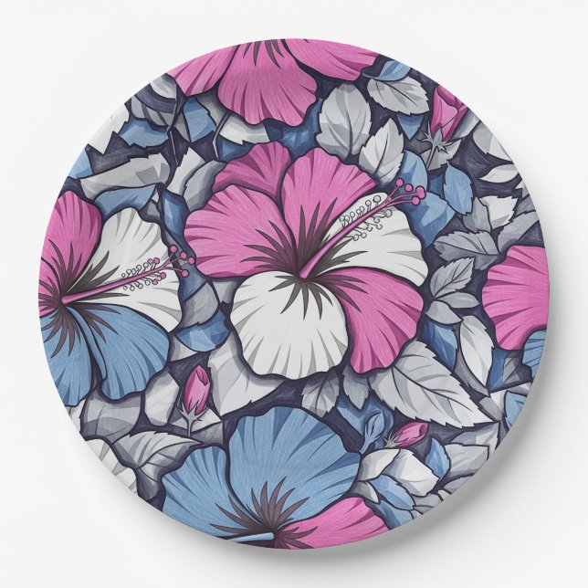 Elegant Blue Hibiscus Floral Pattern (1) Paper Plate (Front)