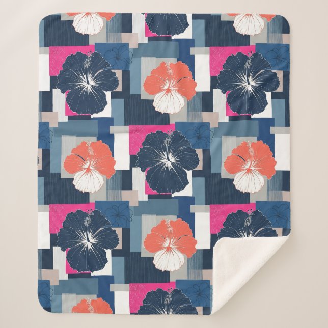 Elegant Blue Hibiscus Floral Pattern (1) Sherpa Blanket (Front)