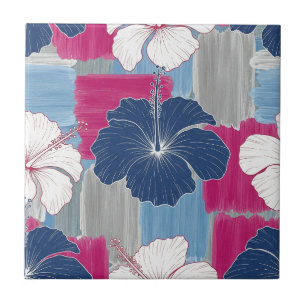 Elegant Blue Hibiscus Floral Pattern (2) Ceramic Tile