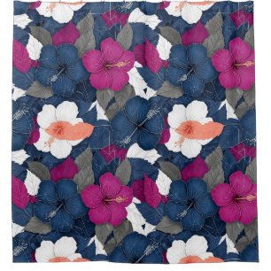 Elegant Blue Hibiscus Floral Pattern (2) Shower Curtain