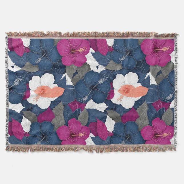 Elegant Blue Hibiscus Floral Pattern (2) Throw Blanket (Front)