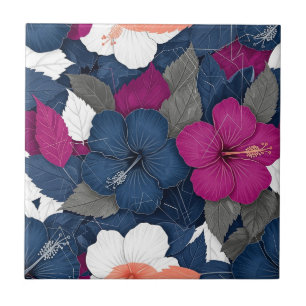 Elegant Blue Hibiscus Floral Pattern (3) Ceramic Tile