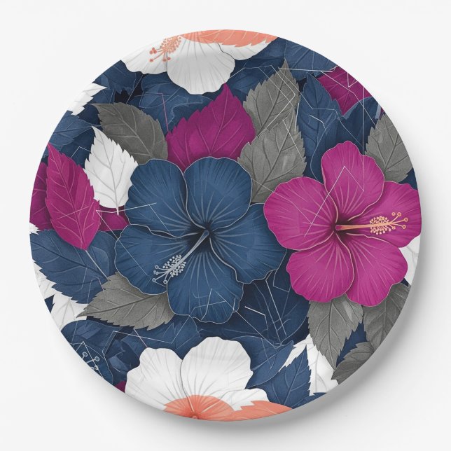 Elegant Blue Hibiscus Floral Pattern (3) Paper Plate (Front)