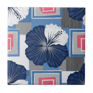 Elegant Blue Hibiscus Floral Pattern (4) Ceramic Tile