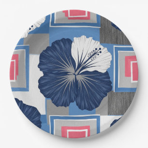 Elegant Blue Hibiscus Floral Pattern (4) Paper Plate