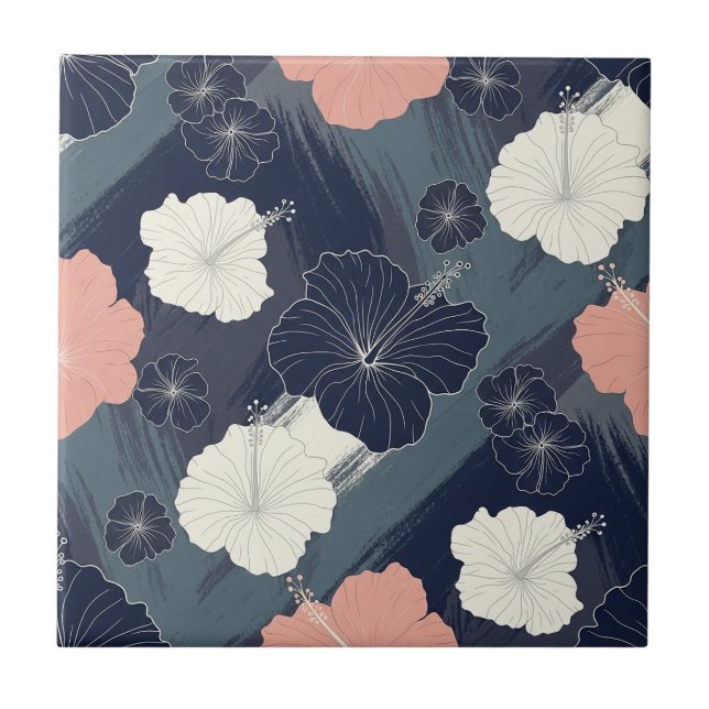 Elegant Blue Hibiscus Floral Pattern (5) Ceramic Tile (Front)