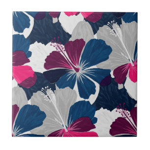 Elegant Blue Hibiscus Floral Pattern (6) Ceramic Tile