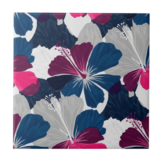 Elegant Blue Hibiscus Floral Pattern (6) Ceramic Tile (Front)