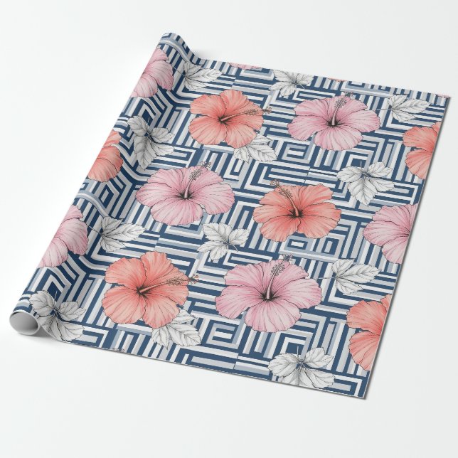 Elegant Blue Hibiscus Floral Pattern (6) Wrapping Paper (Unrolled)