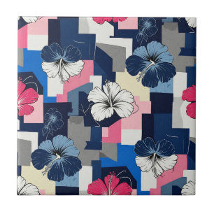 Elegant Blue Hibiscus Floral Pattern (7) Ceramic Tile