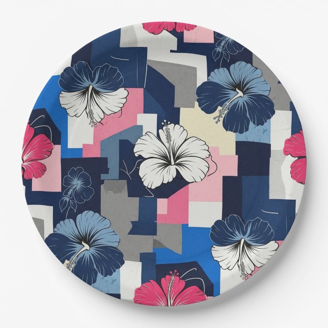 Elegant Blue Hibiscus Floral Pattern (7) Paper Plate (Front)