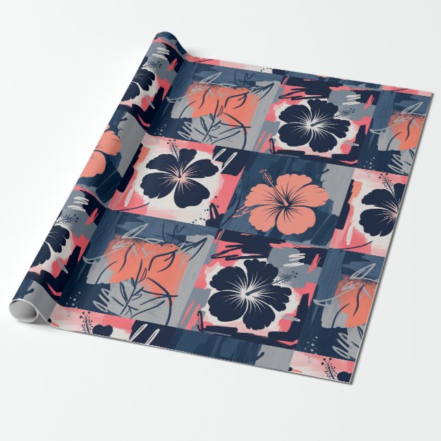 Elegant Blue Hibiscus Floral Pattern (7) Wrapping Paper (Unrolled)