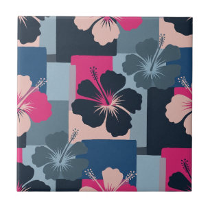 Elegant Blue Hibiscus Floral Pattern (8) Ceramic Tile