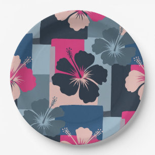 Elegant Blue Hibiscus Floral Pattern (8) Paper Plate