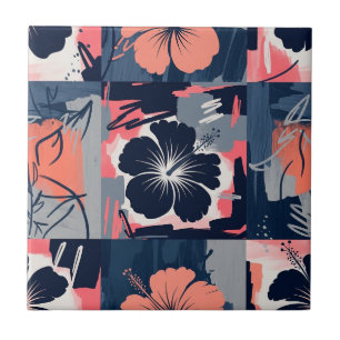 Elegant Blue Hibiscus Floral Pattern (9) Ceramic Tile