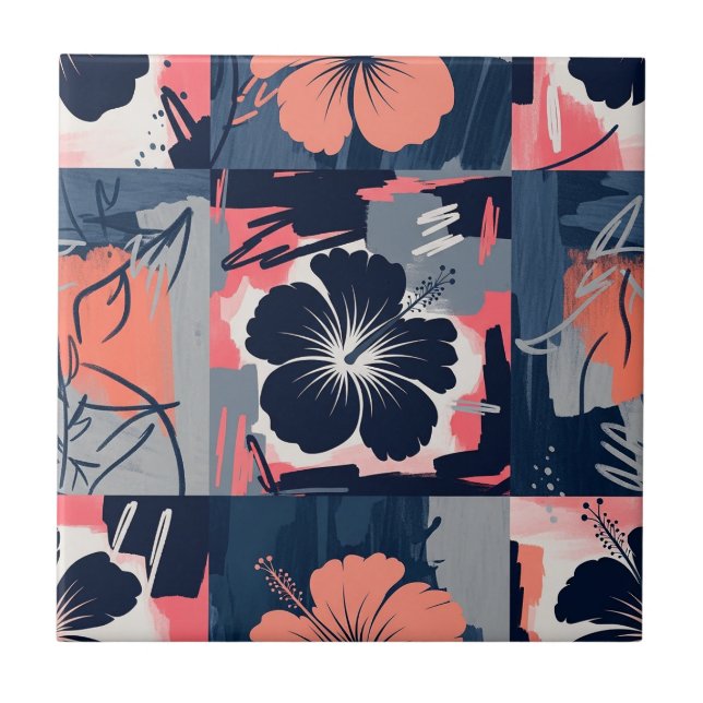 Elegant Blue Hibiscus Floral Pattern (9) Ceramic Tile (Front)